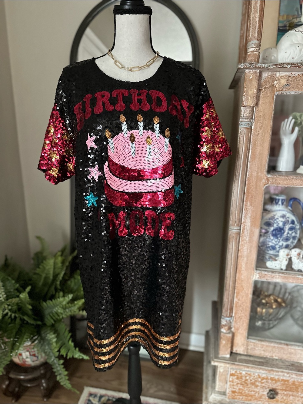 Simply Southern Black Sequin Birthday Cake Tunic with Pink & Gold Accents